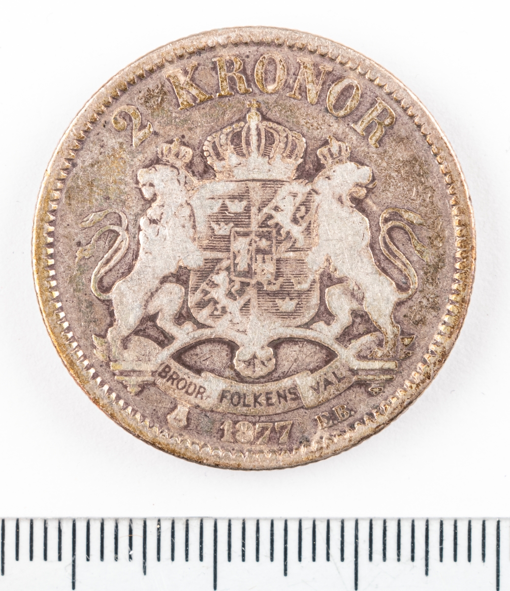 Mynt, Sverige, 2 kronor, 1877.
