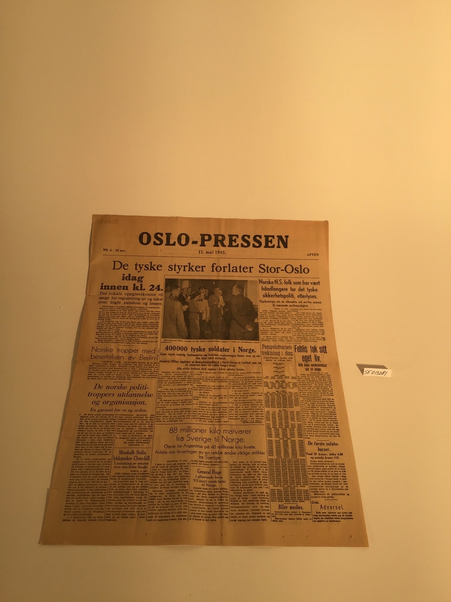 Avis fra frigjøringsdagen etter andre verdenskrig
Fellesavis som ble utgitt i Oslo i de fem første frigjøringsdagene i mai 1945, 4 sider