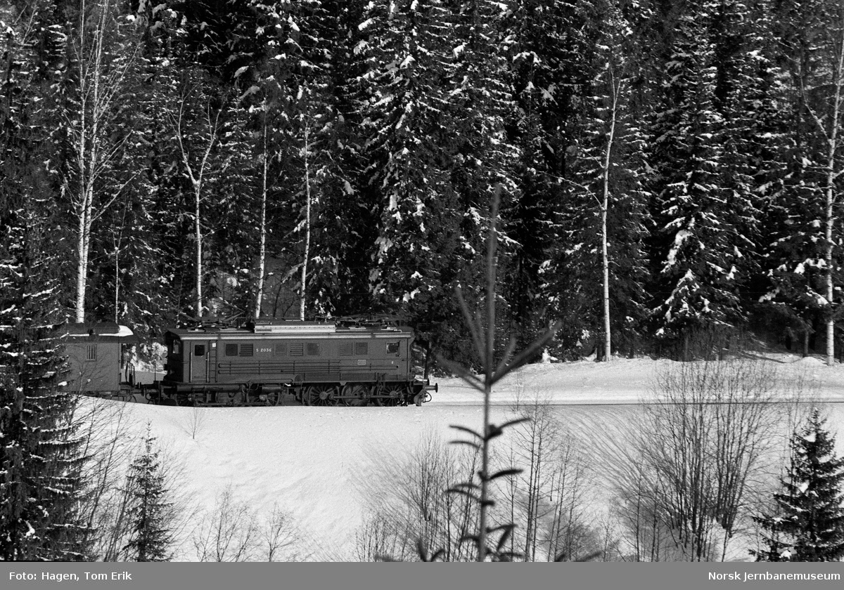 Elektrisk lokomotiv El 5 2036 med godstog mellom Nygard og Breiskallen på Gjøvikbanen