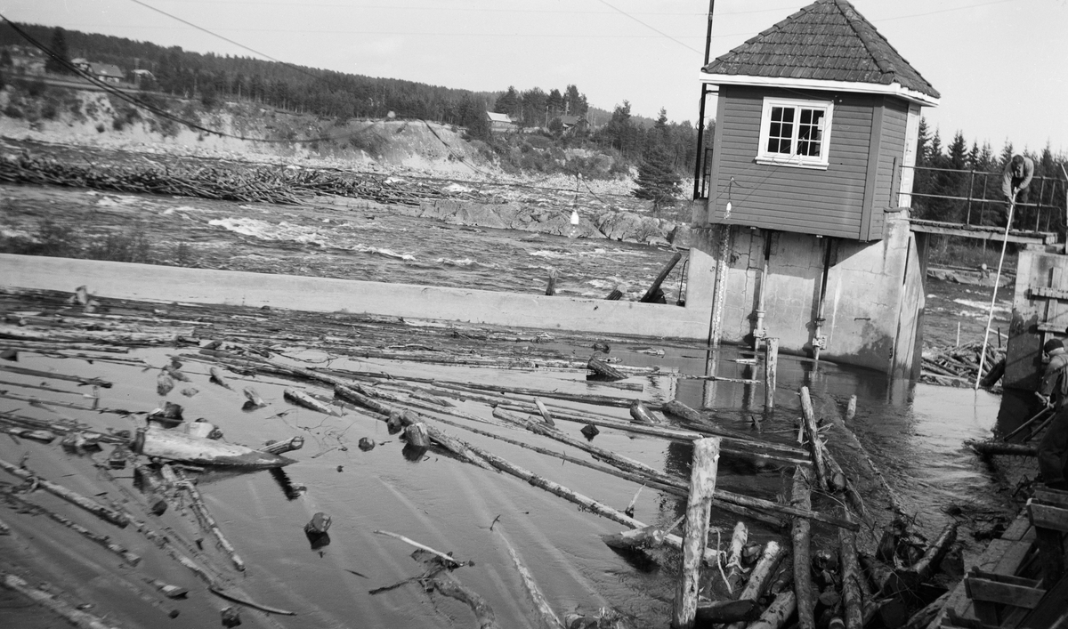 Fra inntaksbassenget til kraftstasjonen ved Skjefstadfossen i Glomma i Heradsbygda i Elverum, Hedmark. Her ble det i perioden 1908-1910 bygd et elvekraftverk med en terskeldam som skulle skuve opp vann til turbinene i kraftstasjonen, som lå drøyt 400 meter lengre nede ved vestre elvebredd. Dammen var betongstøpt og hadde et 312 meter langt overløp, til venstre for dette bildet. Der var damkrona støpt litt lavere i den østre enden, for å skape et «sug» i vannskorpa som trakk fløtingstømmeret ditover, for der var det steinete løpet i fossen noe djupere. Da dette fotografiet ble tatt hadde det likevel drevet en del tømmer inn i inntaksbassenget. Til høyre i bildet ser vi et lite lukehus, oppført på en støpt sokkel, som en bordkledd bindingsverkskonstruksjon med pyramideformet tak, tekket med flate, falsete teglheller. I murverket under denne bygningen var det ei bunnluke, som kunne åpnes og stenges etter behov. Ved sida av lukehuset var det et damløp, under ei bru, der det da dette bildet ble tatt sto en mann som antakelig forsøkte å fjerne drivved ved hjelp av en langskaftet fløterhake. I sjølve fossen, til venstre i bildet, ser vi hvordan det hadde bygd seg opp en lang, smal tømmerhaug i den grunne, steinete delen av elveløpet ovenfor Tjuvholmen.
