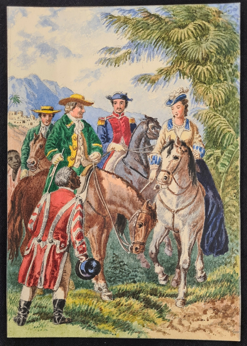 Akvarell av F. A. Zettergren. Motivet är ett sällskappå fyra personer, en kvinna och tre män, till häst och två män som som står på marken. Troligen målad efter förlaga.