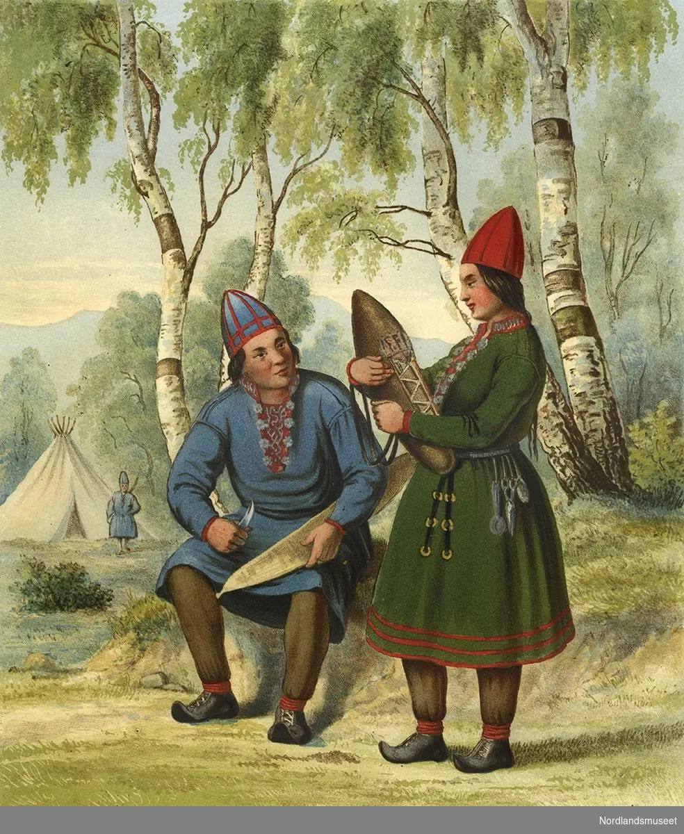 Akvarell: "Lappe-dragt fra Helgeland". J.F. Eckersberg del. Utgitt av Chr. Tønsberg. Litteratur av Winckelmann & Söhne i Berlin.