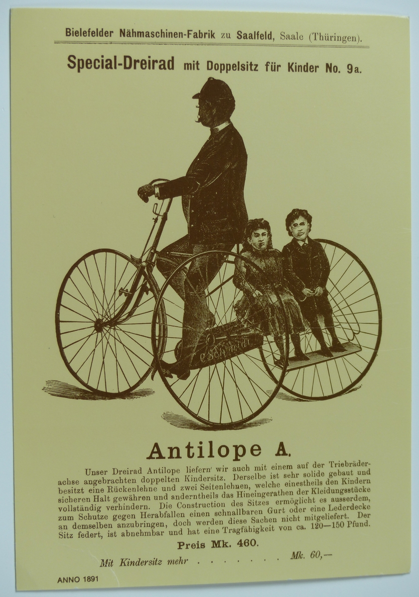 Vykort med annons för Antilope A från 1891 (trehjuling) på tyska