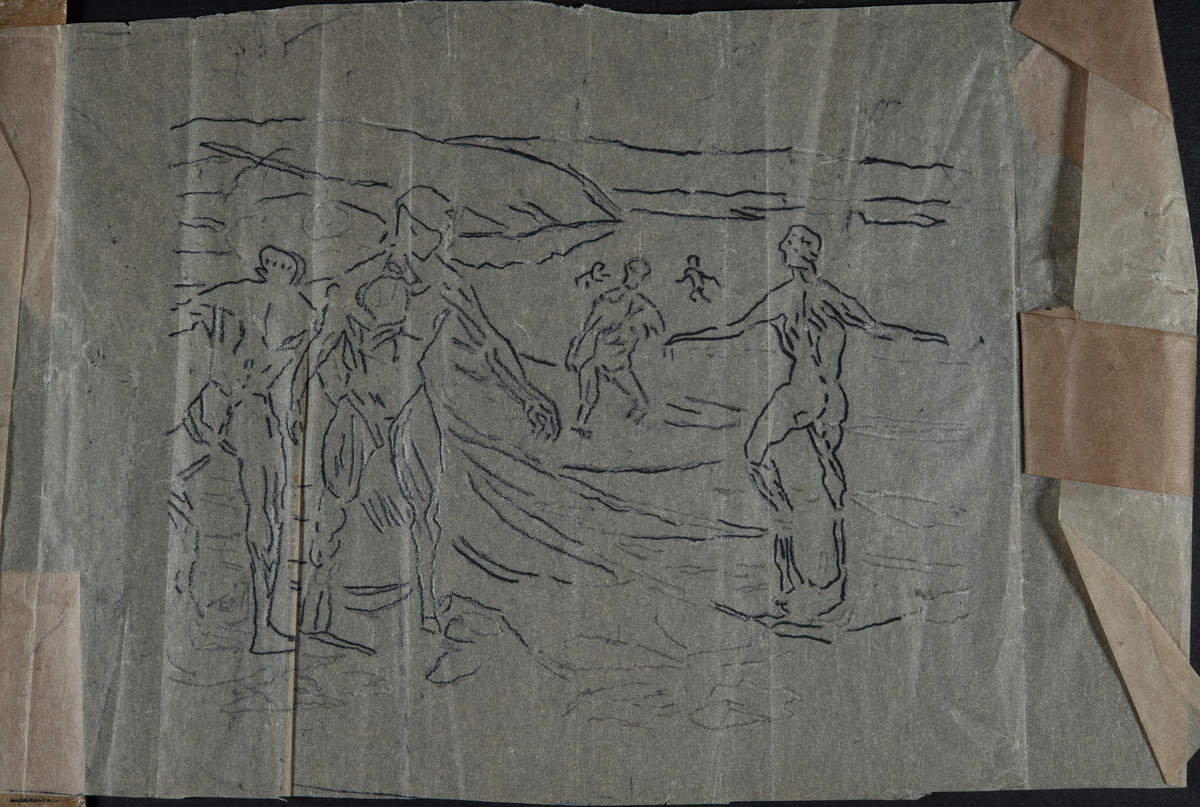Tegning, blyant og penn på transparent papir. Motivet tilsvarer Munchs "Badende menn" (Catalogue raisonné: Woll M 1578), Munchmuseet, Oslo.