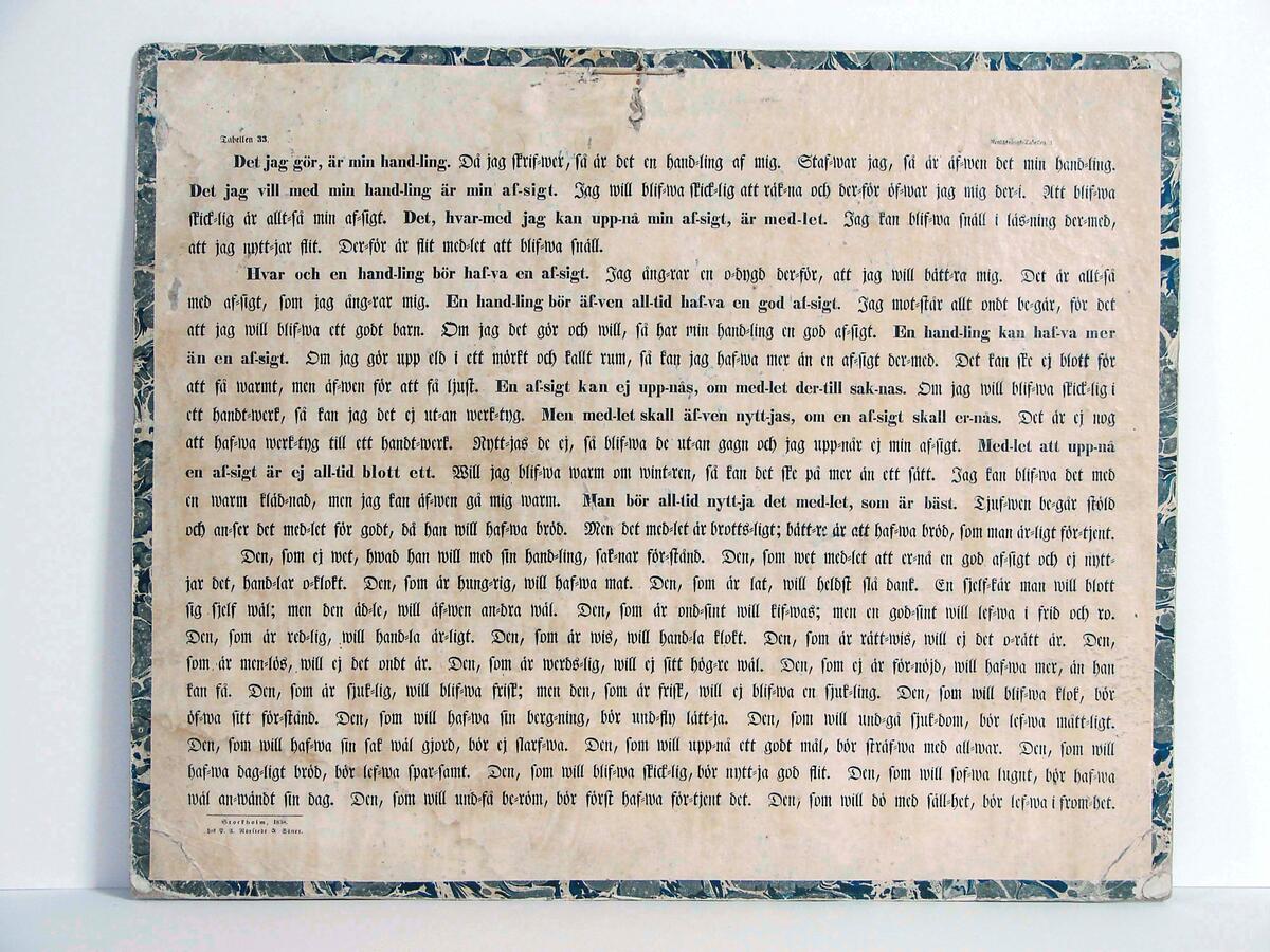 Tryckta planscher (A-O), 15 st., om självljud, alfabetet, läsövningen. Stockholm (1837-1840) P. A. Norstedt & Söner