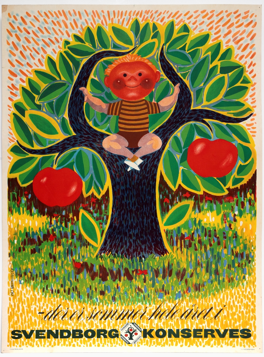 Fremstilling av en liten gutt som sitter i et tre som har to store, røde frukter (epler). Guttens ansiktskontur ligner eplenes form.