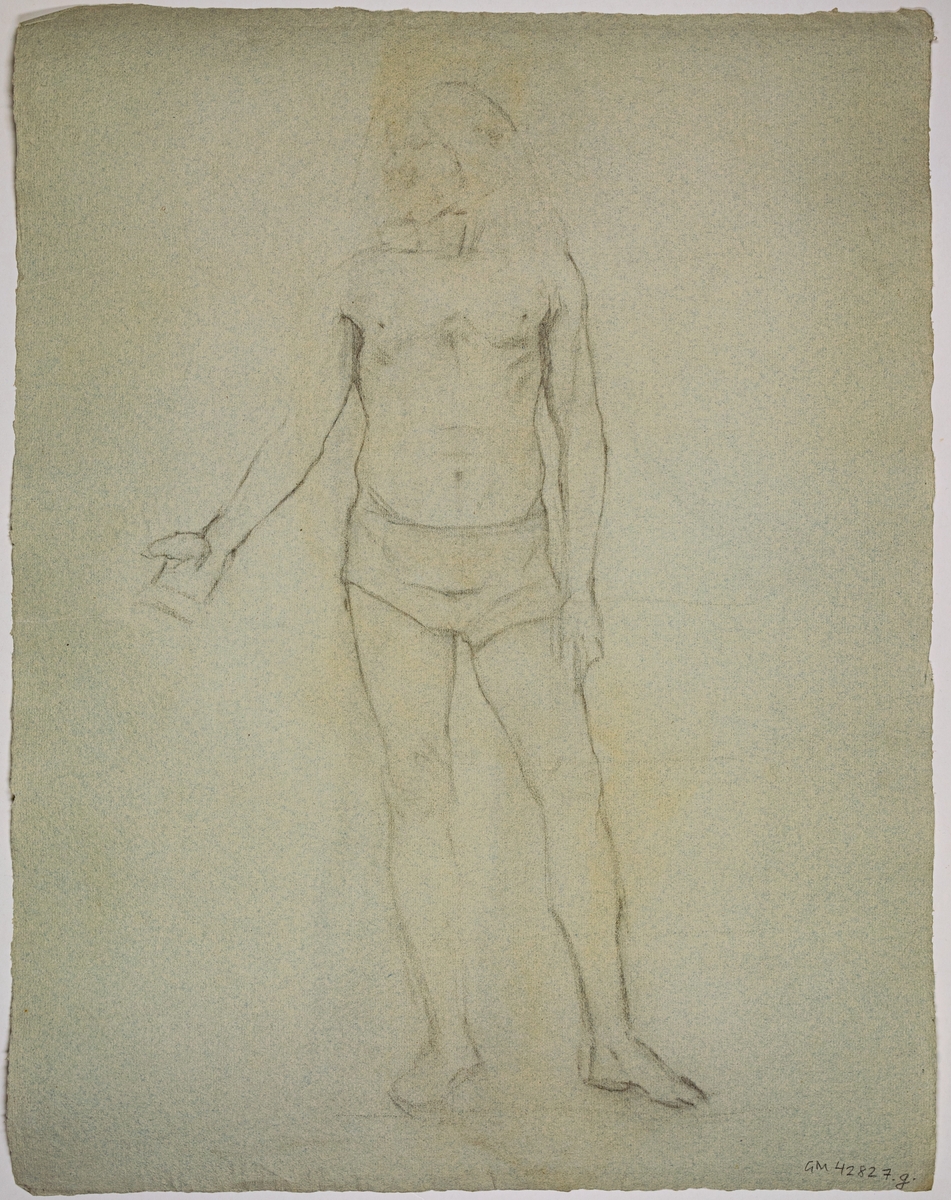 Modellritning/modellstudie, porträtt av stående man, stort skägg och långt hår, muskulös. Hållande pinne i sin högra hand. Signerad I. v. Schulzenheim Nov -88-.