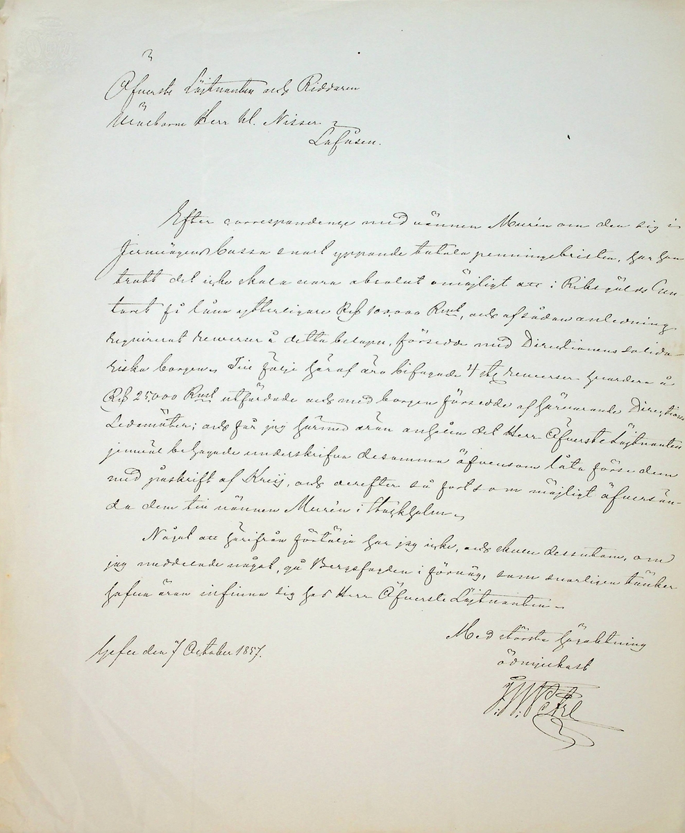 Brev och telegram från J.W. Petre, Gävle år 1855-1858 till W.A. Nisser. Ang. bl a: Aktier (Gävle-Dala Järnvägsaktiebolag) och tågolycka vid Valbo, där en skräddare omkom.
