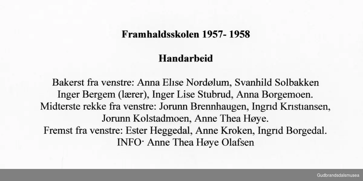 Framhaldsskolen Fåvang, Handarbeid 1957-58, Ringebu