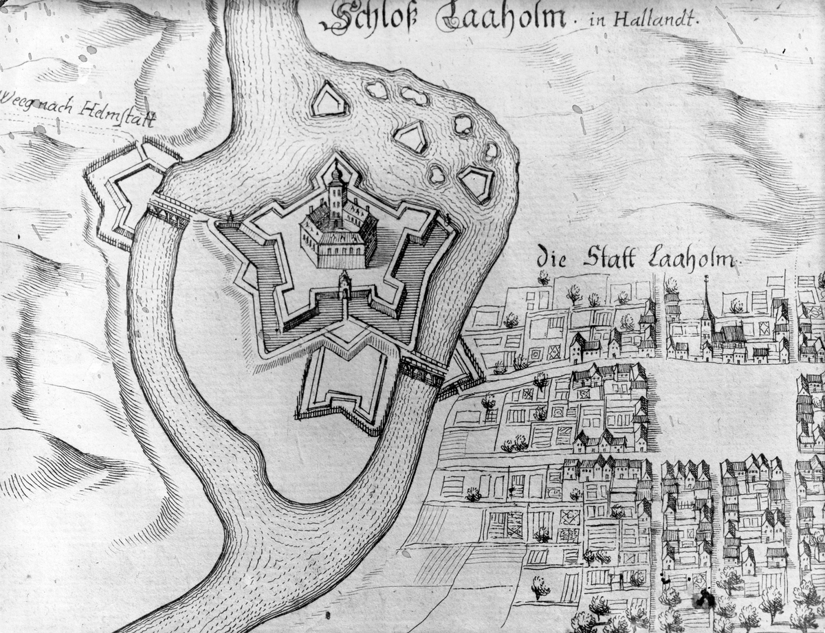 RAÄ 38. Laholm, Laholms landsförsamling. Mejers karta över Lagaholms slott och Laholms stad år 1639.