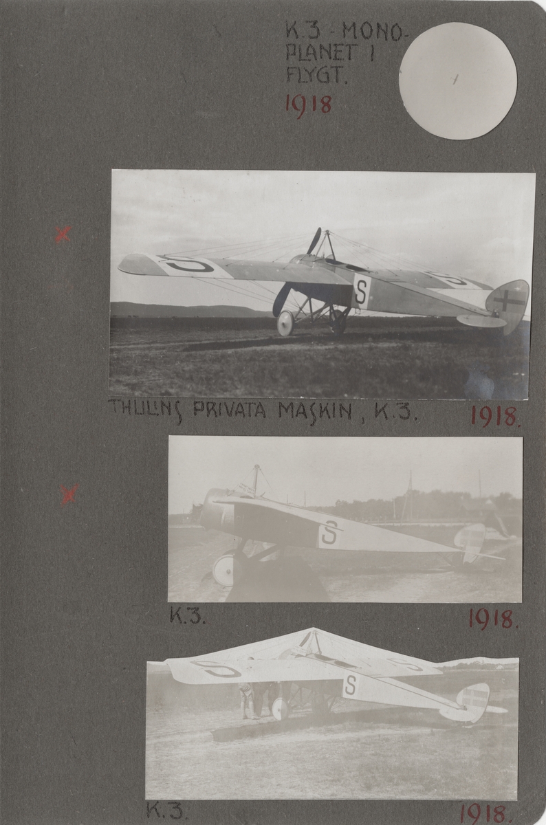 Flygplan Thulin K i luften, 1918.

Text i album: "K.3 - Monoplanet i flygt. 1918"