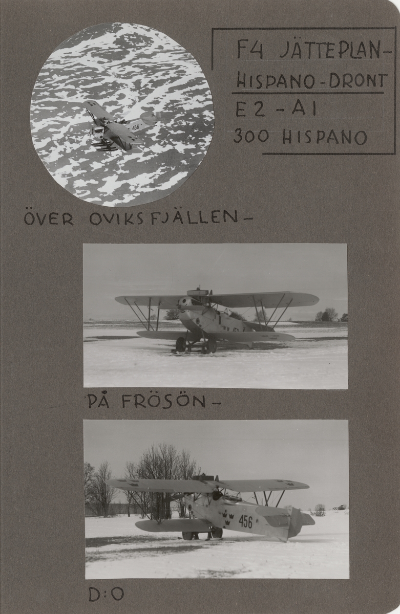 Flygplan A 1 Phönix E.2 Dront märkt nr 456 står på flygfältet på F 4 Frösön. 1928-1929. Vy snett bakifrån.

Text vid foto: "'F 4 Jätteplan-Hispano-Dront E 2 - A 1 300 Hispano. D:o." (På Frösön)