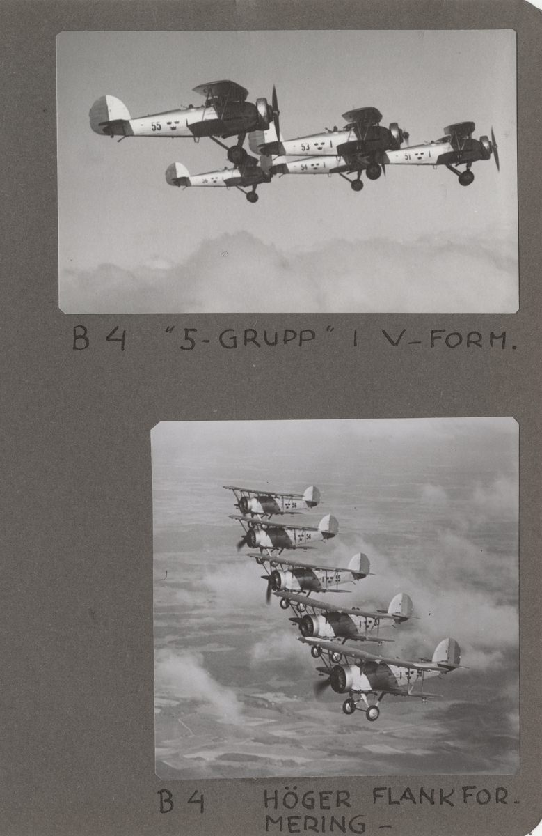 Fem flygplan B 4, Hawker Hart tillhörande F 1 Västmanlands flygflottilj flyger i formation. Flygplan märkta F 1-51, F 1-53, F 1-54, F 1-55 samt F 1-56. Flygbild.


Text vid foto: "B 4 '5-grupp' i V-form."