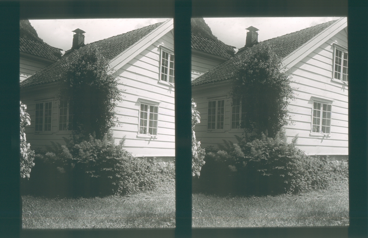 Hvitmalt trehus med hage, utsnitt. Tilhører Arkitekt Hans Grendahls samling av stereobilder.