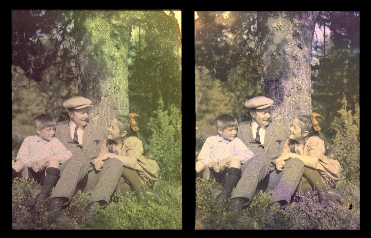 Portrett i miljø. Hans Grendahl med sine barn, Odd og Adelheide. Tilhører Arkitekt Hans Grendahls samling av stereobilder.