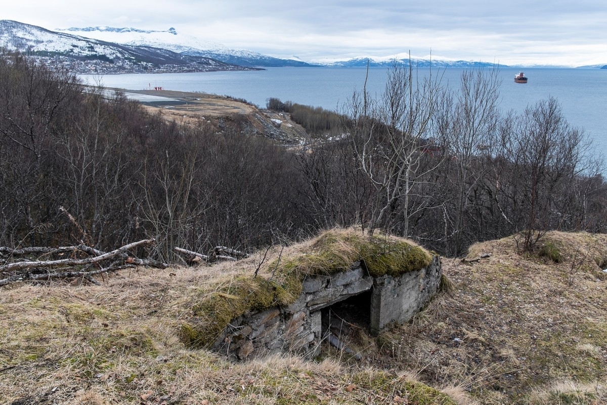 Framneslia 6. april 2016: Like nedenfor Galapagos-stien resten av "Festung Narvik". Til venstre nordre del av flyplassen i Narvik. Og utenfor Ankenes ligger et malmskip og venter på tur til lasting. 6 april 2016