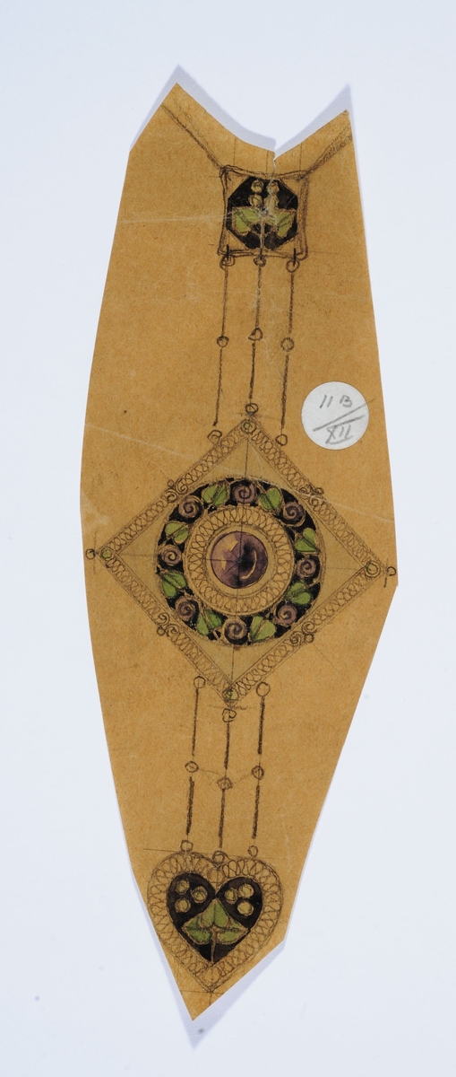 Skisse av smykke med stilliserte blad i emalje og filigran