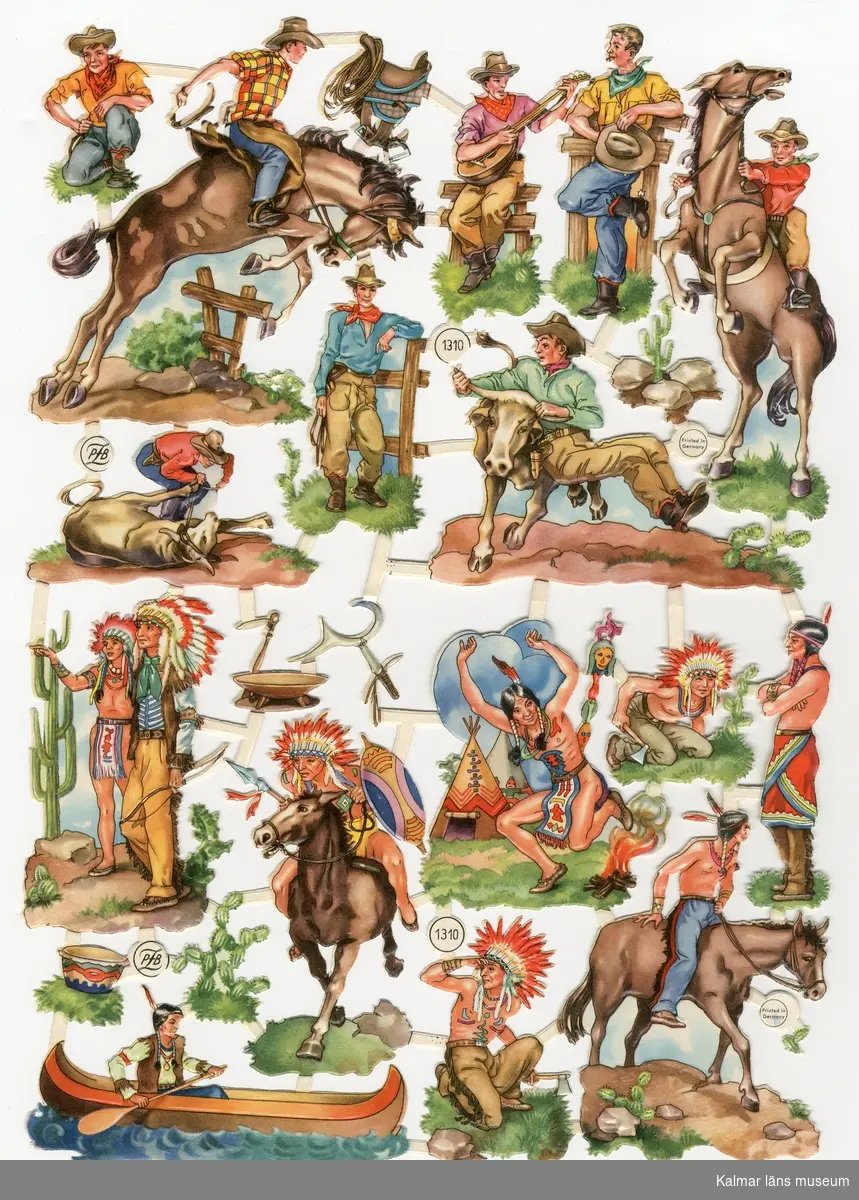 Cowboys och indianer. Cowboys med bl.a. hästar och tjurar. Indianer som dansar, rider på häst och paddlar kanot m.m. 16 större motiv och sex mindre motiv där emellan.