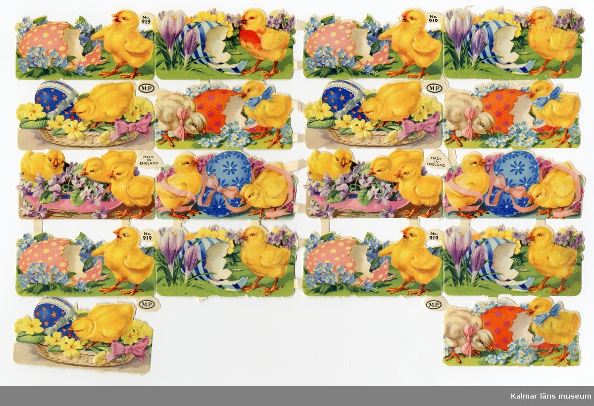 Påskmotiv. Kycklingar, blommor och färgglada ägg. Sex olika motiv, ca fyra st av varje.