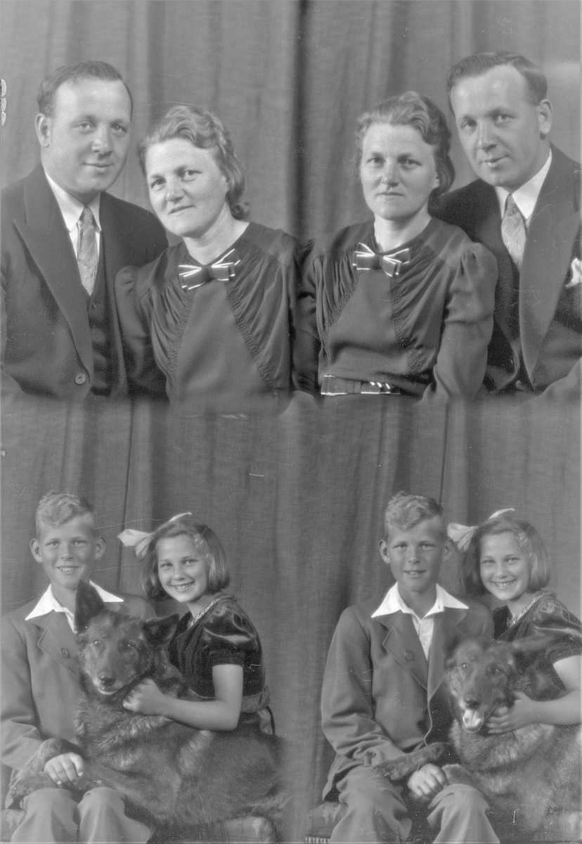 Portrett.  To familiegrupper på to. Mann og kvinne og to ungdommer . pike og gutt. Bestilt av Hr. Nils Olsen