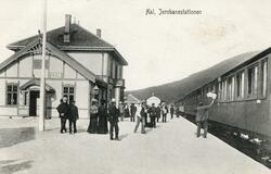 Persontog og mange reisende på Ål stasjon, trolig kort tid e