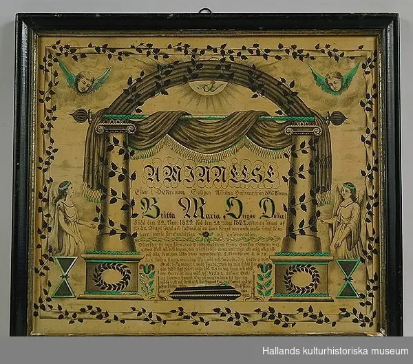 Begravningstavla. Lito-tryck med färgsättningar i grönt. Föreställande änglar vakande över kista. "Britta Maria Hugos Dotter", 1829-1882.Glasad och ramad med svart-guldfärgad träram.