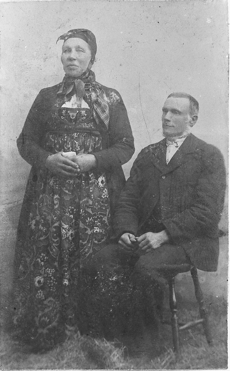 Ekteparet Ole Andersen Stalsbråten (1842-1927) og Live Olsdatter Ligarden (1842-1933), gift 1865. Hun i folkedrakt fra Sigdal-Eggedal. Fotografert av Gunnar Kvislen omkring 1900.