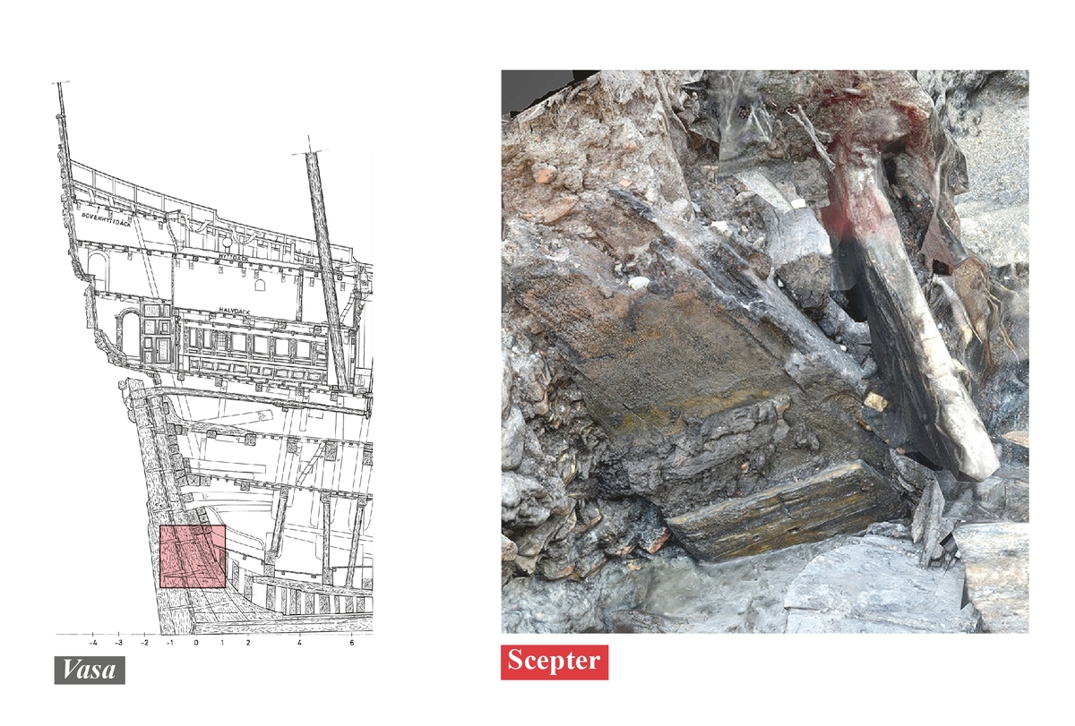 Bilden till höger visar två markeringar. Ett kors som motsvarar tre fot, tre meter och en prick som visar varje fot markering. Detta system finns även på Vasas akterstäv. I detta fall finns det bara på det påspikade skrovet och inte på orginalskrovet.
