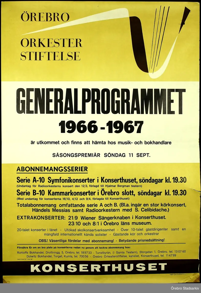 Konserthuset Örebro, 1966. Affisch. Generalprogrammet av Örebro orkesterstiftelse