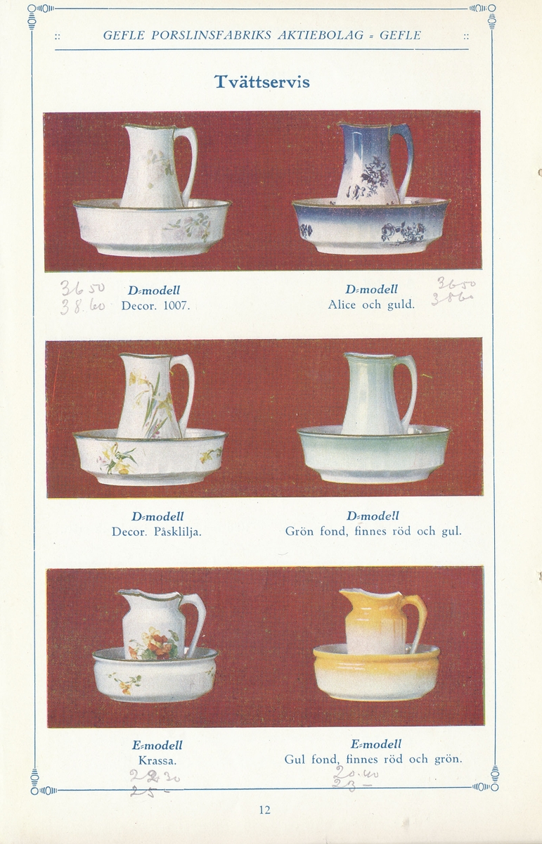 Produktkatalog, priskurant, över 1916 års produktion av keramik vid Aktiebolaget Gefle Porslinsbruk.