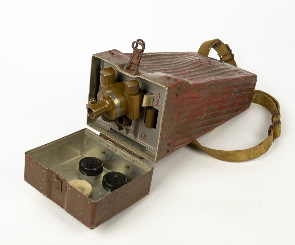 Periskopkikare från andra världskriget förvarat i ett metallfodral med bärremmar samt tillbehör. Objekten har inkrifter med japanska skrivtecken.
