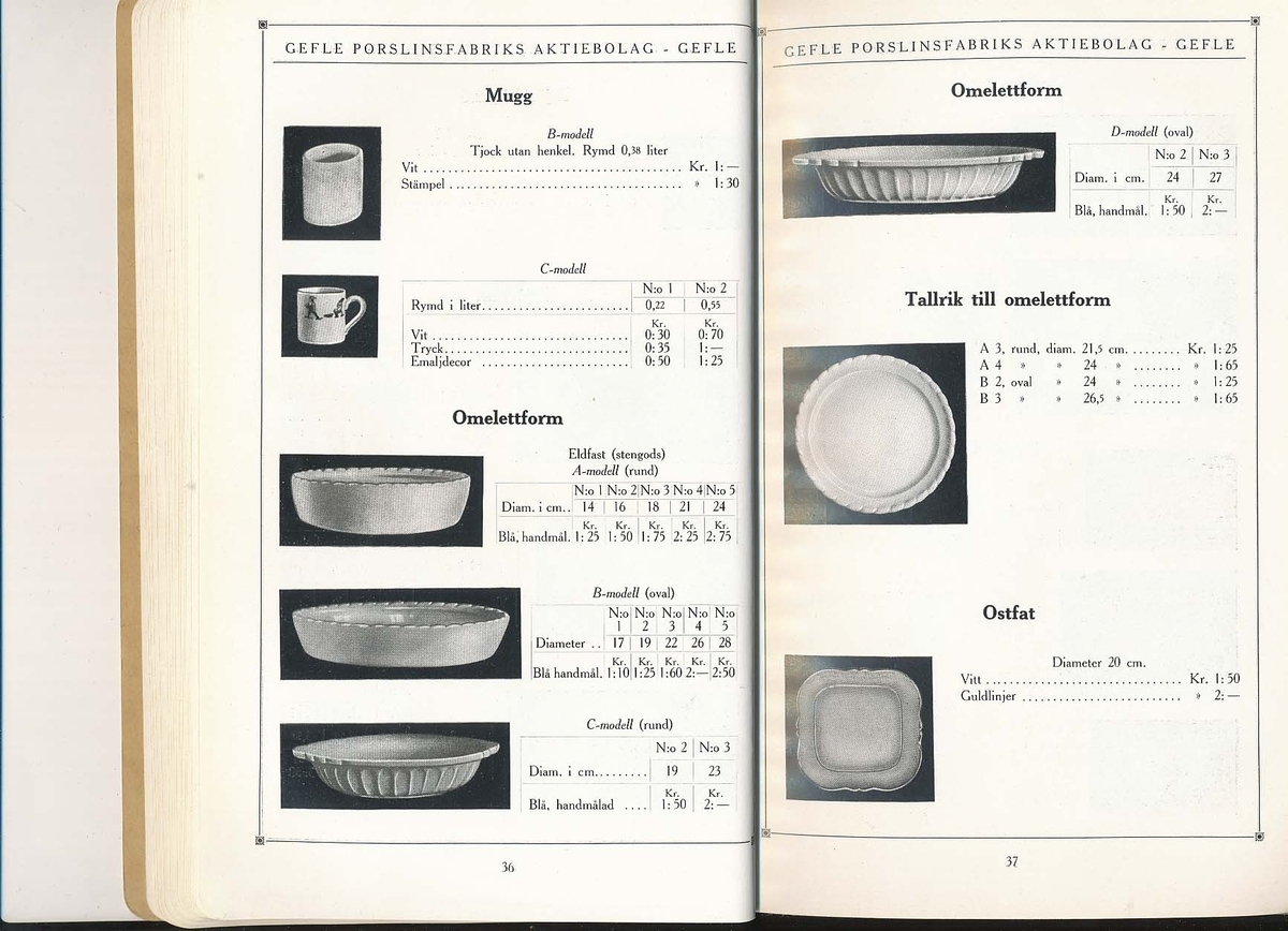 Produktkatalog, priskurant, över 1927 års produktion av keramik vid Aktiebolaget Gefle Porslinsbruk.