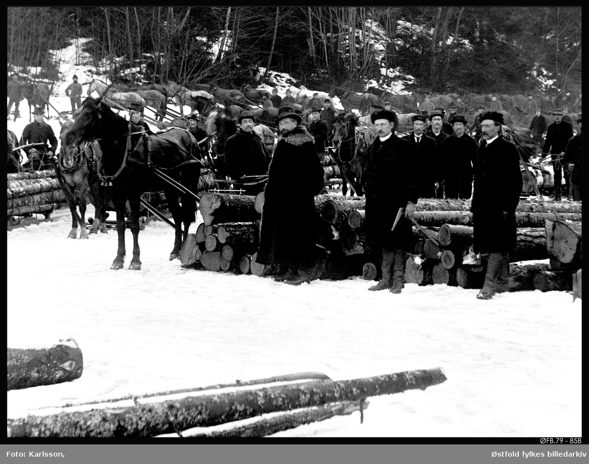 Tømmeropplag på Rambergevja i Tune.
Oppsamling av tømmer fra Kjerringåsen og skogen ovenfor Ramberg og helt opp til Svinndal. Tømmeret ble frakten med hest ned på isen. Når isen smeltet på våren ble tømmeret fløtet ned til Solli-bruket.
