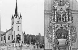 To motiver av Eggedal kirke; eksteriør, samt altertavlen. Ca