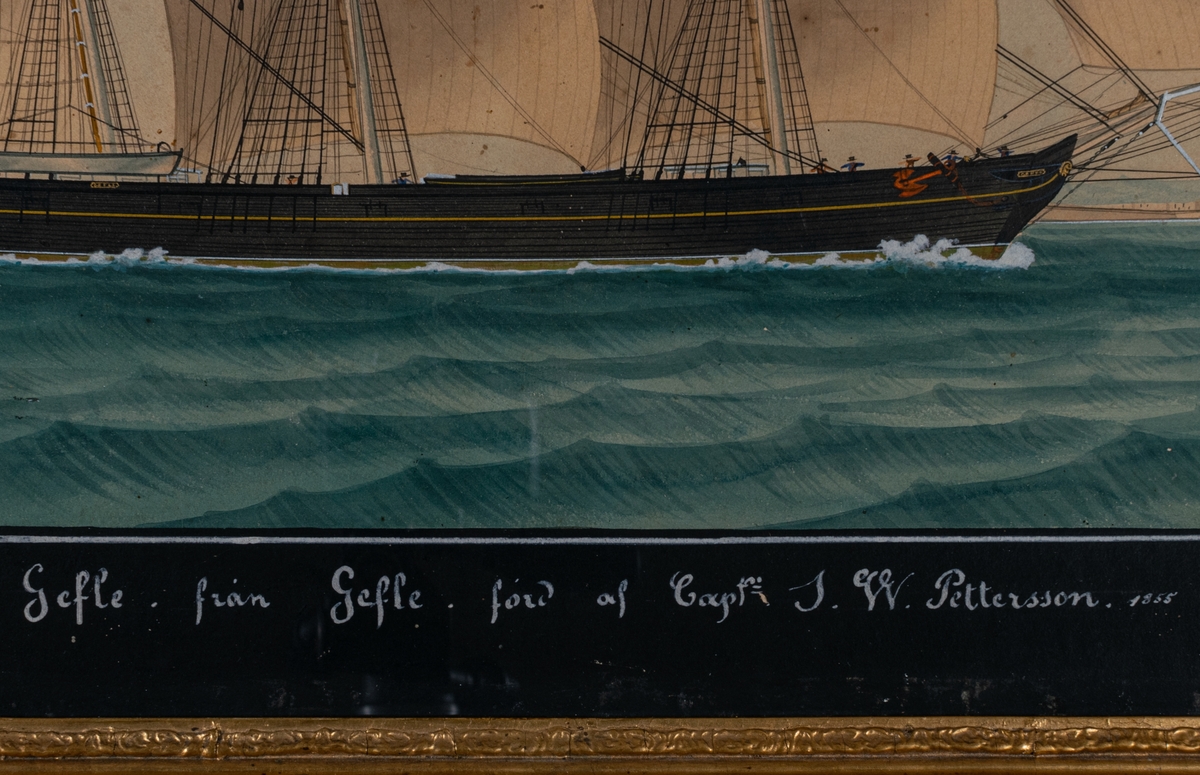 Målning av konstnären Moutte, utförd år 1855 föreställande barkskeppet Gefle från Gefle för av Capt.n. S. W. Pettersson 1855. Fartyget bär Elfstrands flagg.