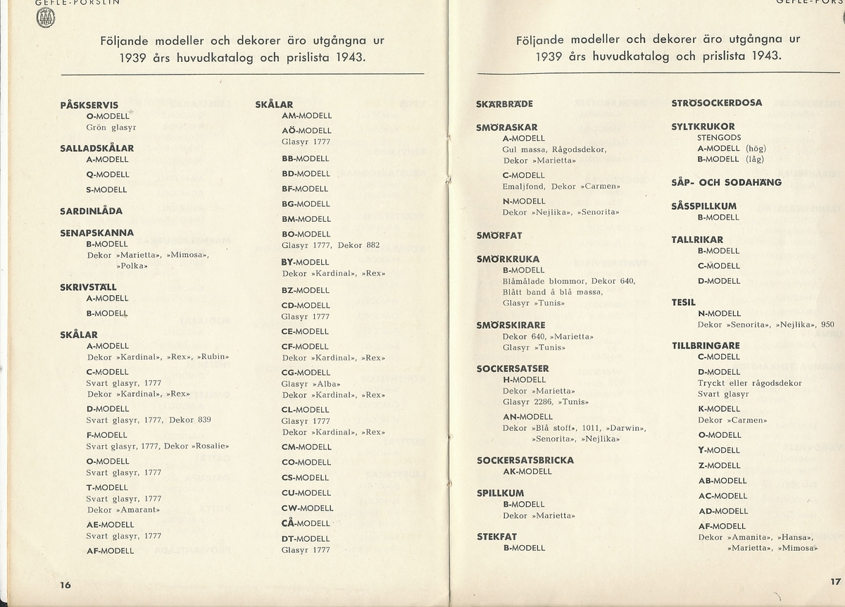 Supplement till huvudkatalog 1939 och prislista 1943. över produktion av keramik vid Aktiebolaget Gefle Porslinsfabrik.