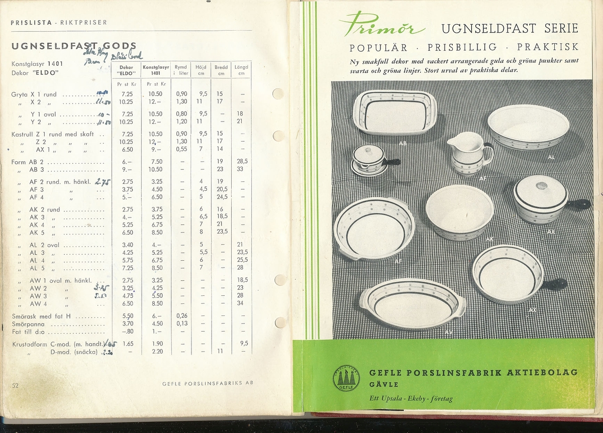 Priskurant, prislista över 1957 års produktion av keramik vid Aktiebolaget Gefle Porslinsfabrik. Inbunden.
