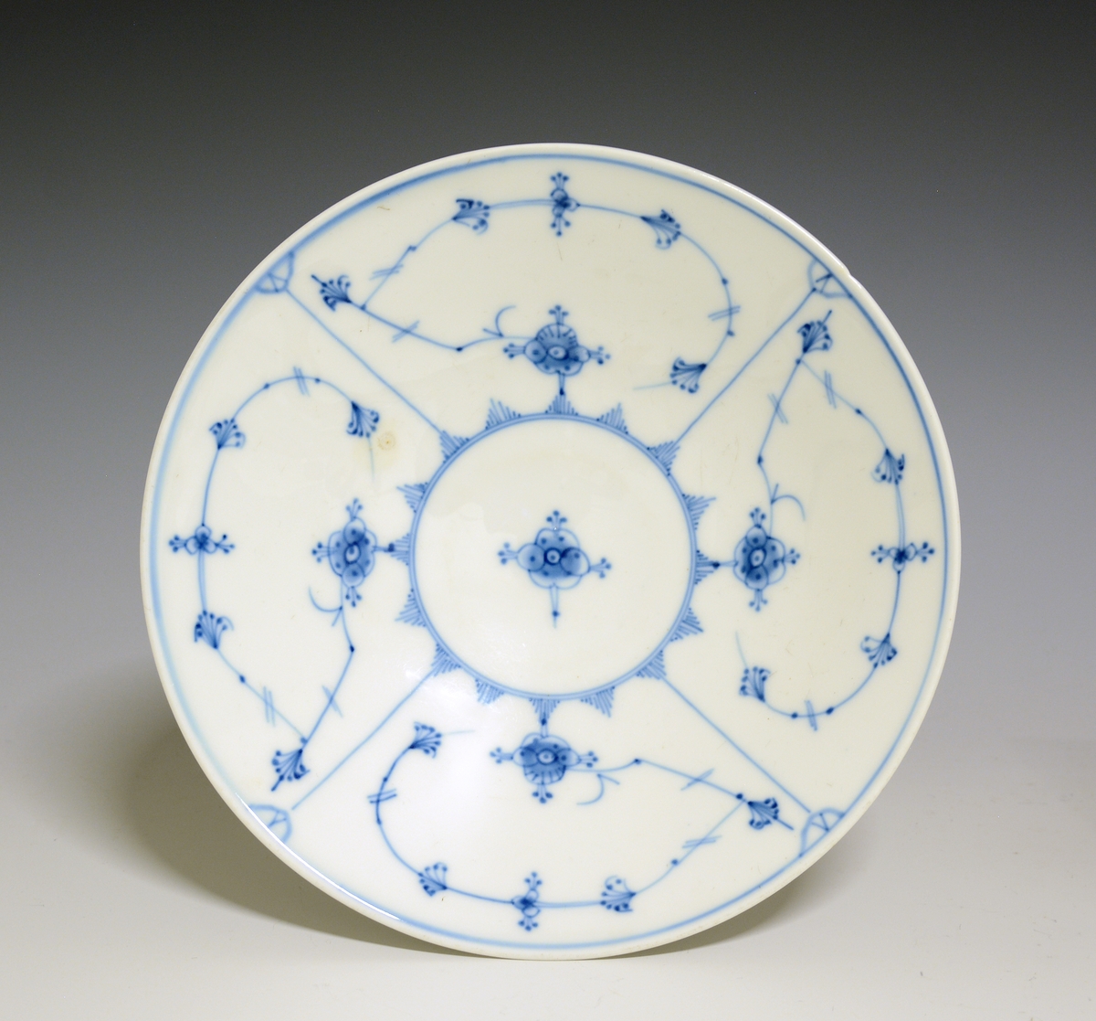 Stettfat av porselen med hvit glasur. Dekorert med stråmønster i blått.

Modellnr: 15.2
Finnes i priskuranten for 1909
