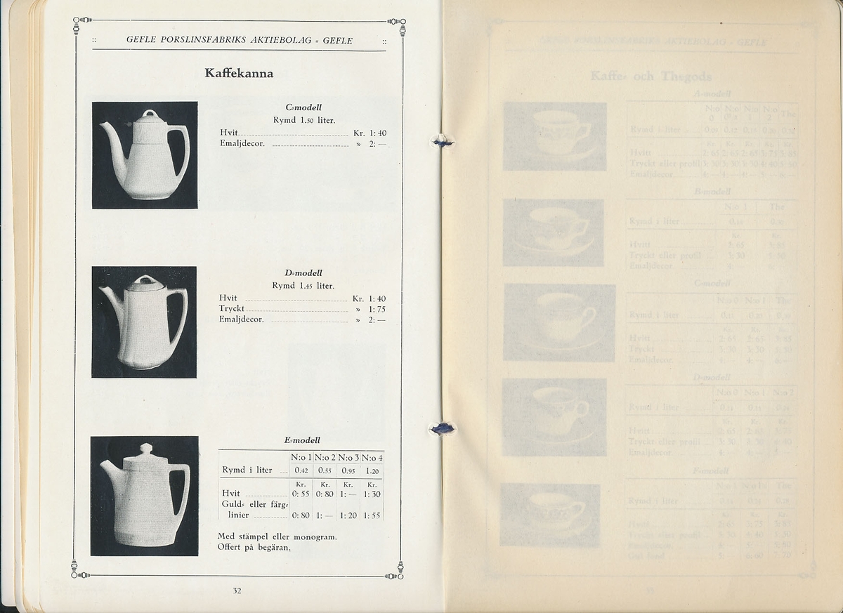 Produktkatalog, priskurant, över 1916 års produktion av keramik vid Aktiebolaget Gefle Porslinsfabrik.