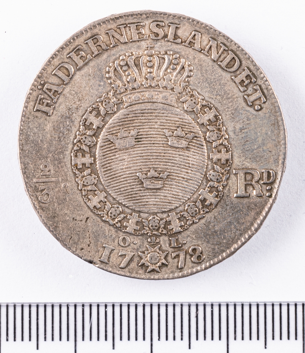 Mynt, Sverige, 2/3 rikdaler, 2 daler s.m, 1778.