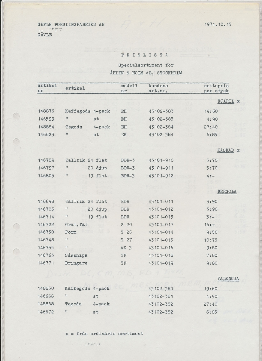 Produktkatalog i färg över serviser från Gefle Porslinsfabrik 1974. Katalogen visar specialsortiment för Åhlén & Holm, Wessels Stormarknad, EPA, KF och H J Blomqvist.