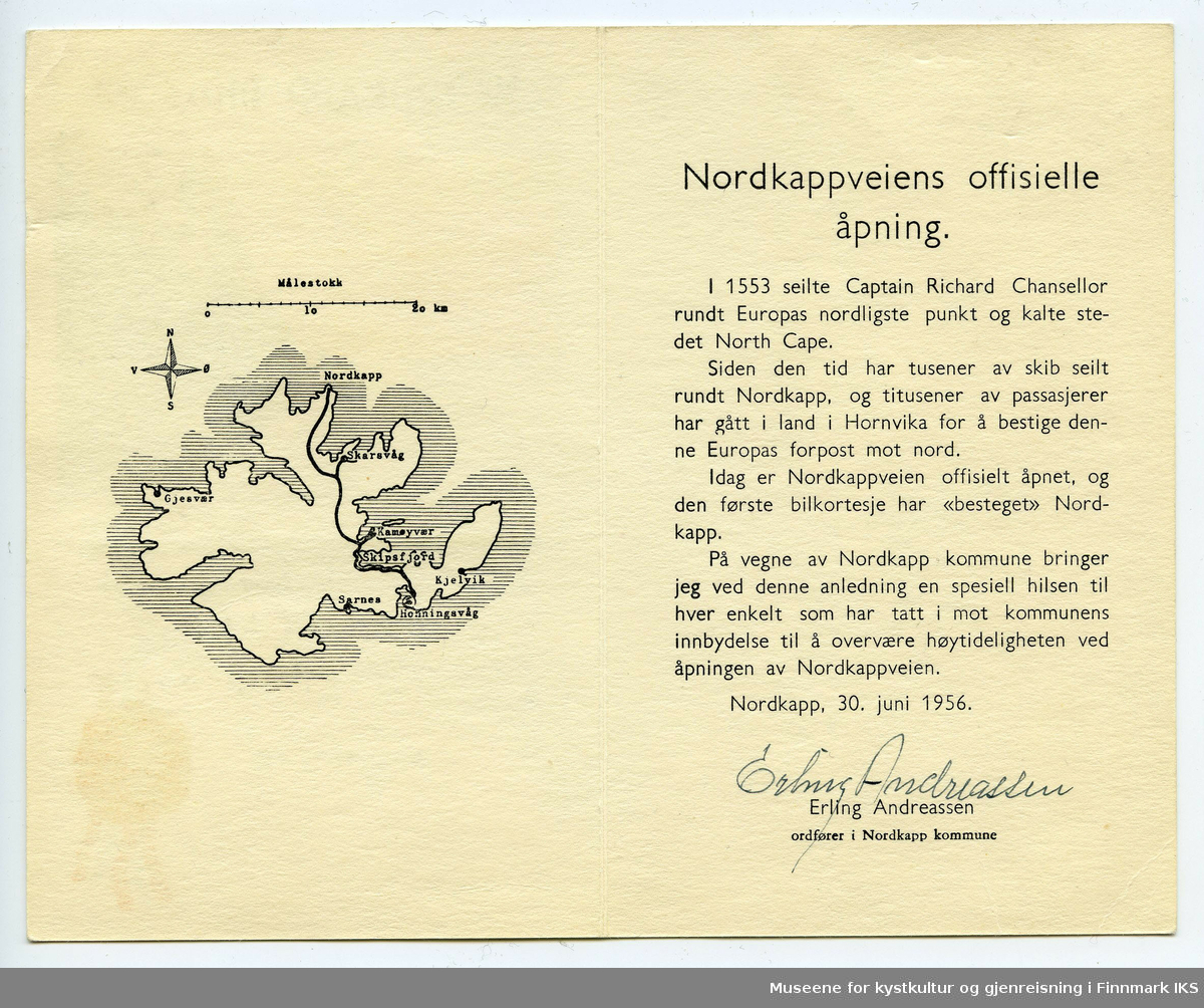Nordkappdiplom med informasjon og hilsen på innsiden knyttet til den offisielle åpningen av Nordkappveien, 30.06.1956.