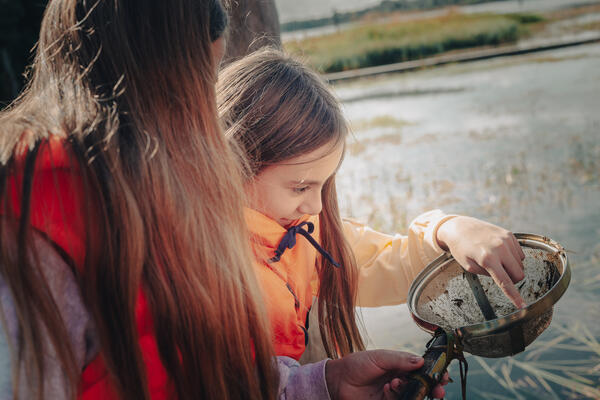 Foto av to jenter som har funnet noe insekter i stangsilen sin ved vannkanten