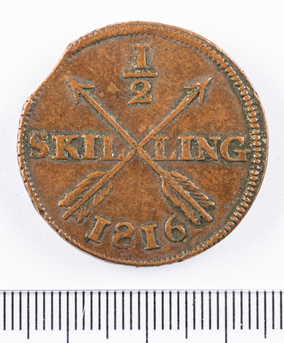 Mynt, Sverige, 1/2 skilling, 1816.
