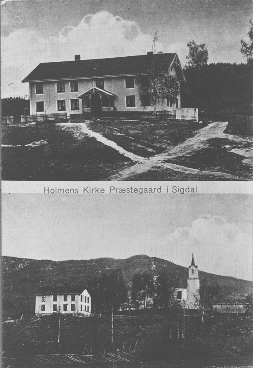 Holmen prestegård og Holmen kirke med Borgerstua i Prestfoss. Ca. 1915.