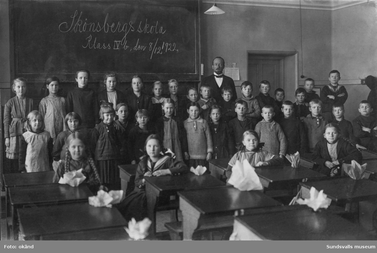 Skolfoto från ett klassrum på Skönsbergs skola 1922. Numera (2022) heter skolan Hellbergsskolan. Ur en samling från Skönsberg.