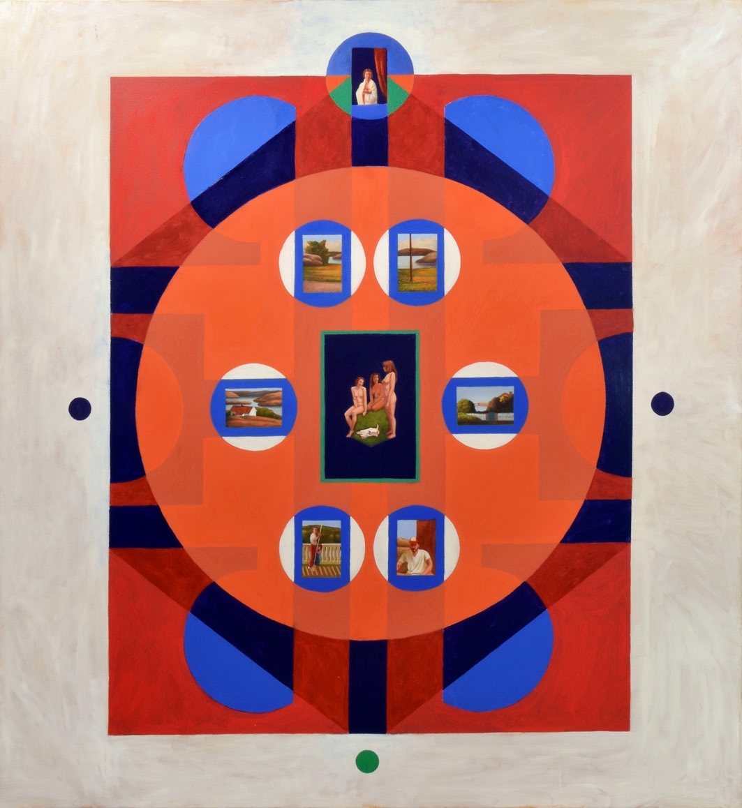 I strängt geometrisk form bjuder Lars Anderssons verk bildvärldar som, i lager på lager, för in till landskap och människor – eller ut i kosmos oändlighet. Stora, inramande fält är ofta enfärgade, här i orange, rött och vitt. I centrum finns motiv som öppnar bilder i bilden. Likt kameraobjektivets lins zoomar detta verk bland annat in nakna kvinnor, gungande barn och skärgårdslandskap.
