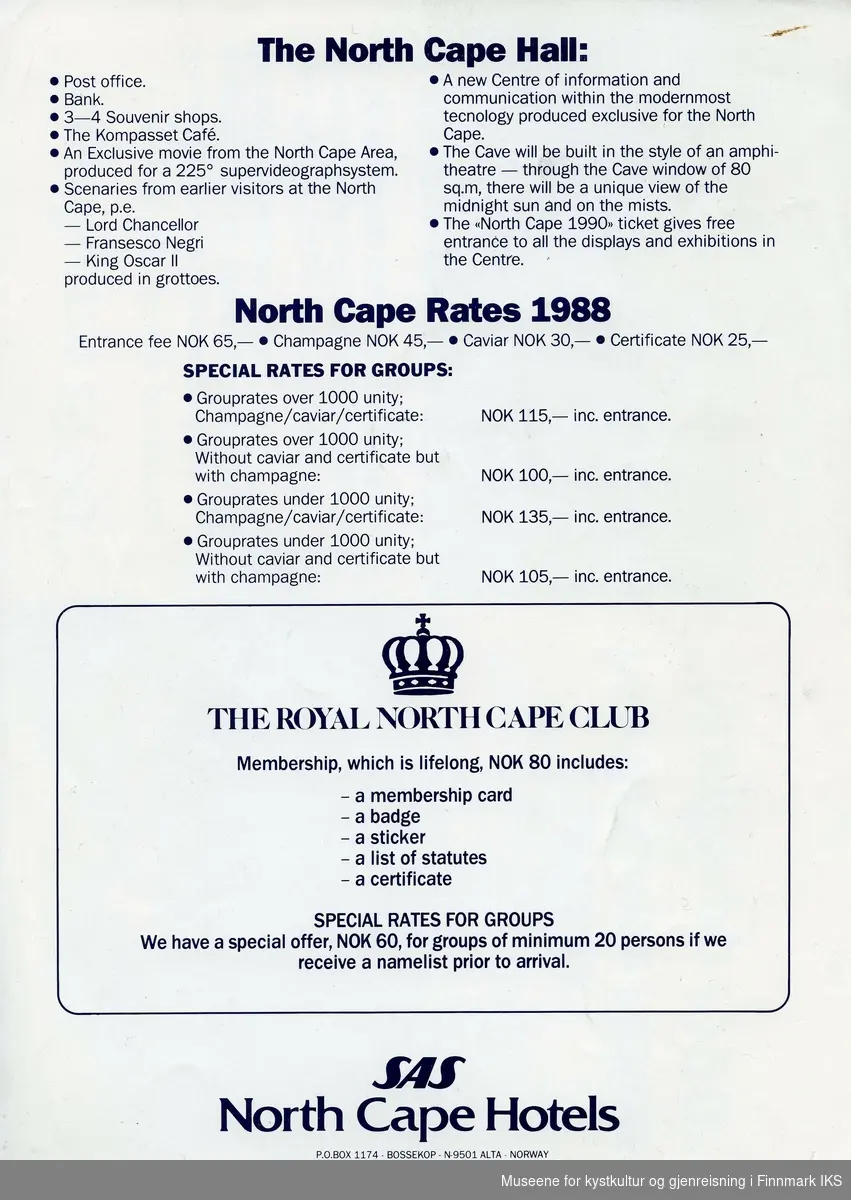 A4-infoblad på engelsk om prosjektet "Nordkapp 1990", Nordkapphallen og The Royal North Cape Club.
