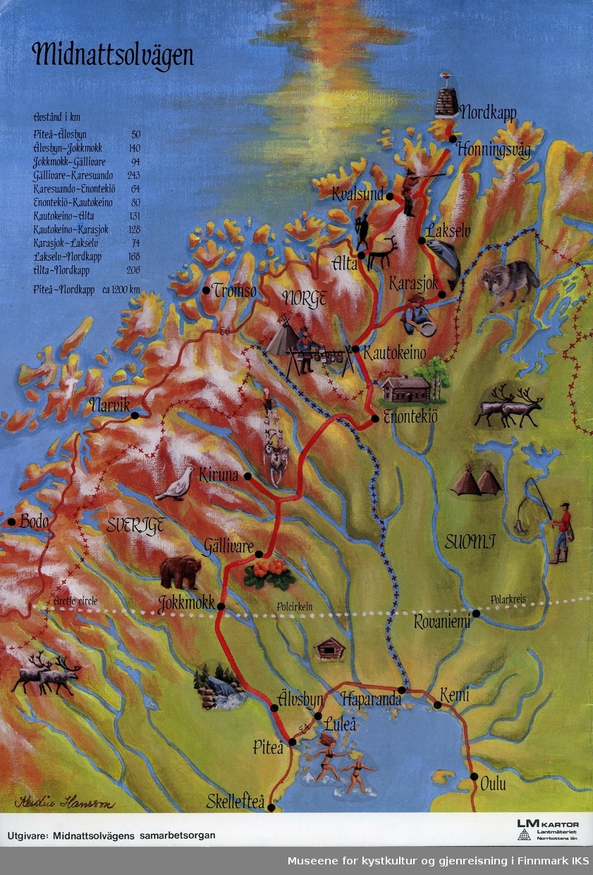 Brosjyre i A4-format med informasjon om alle kommuner langs Midnattsolvegen/Midnattsolvägen. Veien begynner i Piteå/Sverige og slutter etter ca. 1200 km på Nordkapp. Brosjyren er på 27 sider, inneholder mange bilder og kart, og er tekstet på svensk, engelsk og tysk.