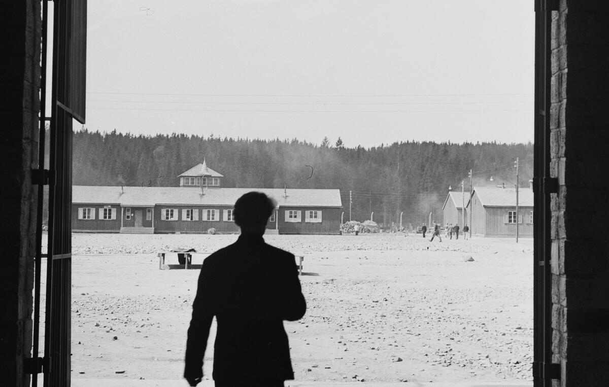 I forgrunn ser man en silhuett av en mann (en grinifange), mannen står med ryggen mot fotografiet og ser utover en stor jordlagt plass. Etter den jordlagte plassen ses brakker, andre grinifanger, elektrisk gjerde, toppen på et vakttårn også skogen helt bakerst.